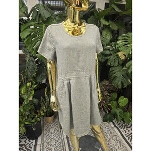 FLAX 100% Linen Reversible Dress Top Tunic Dress Gray Blue Textured Pockets M